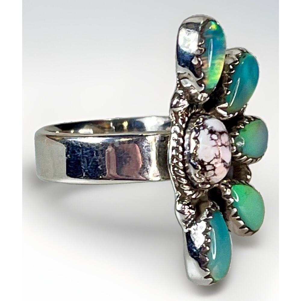 Balloon Opal Wild Horse Turquoise Sterling Cluster Ring Adjust Southwestern 925 - Picture 5 of 15